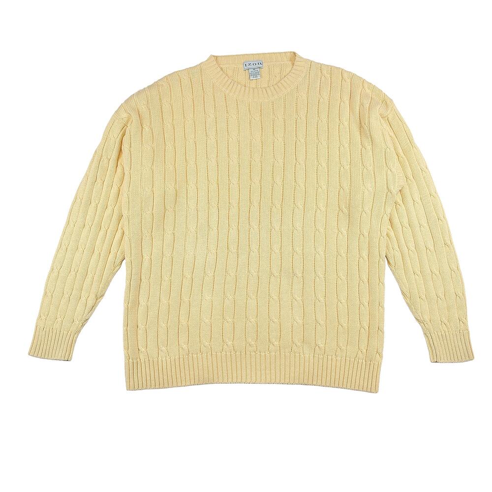 VTG IZOD Cable Knit Sweater Men XL Butter Yellow Cotton Fisherman Preppy Golf